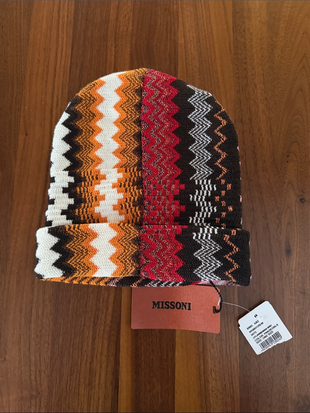 Missoni Zigzag Knit Beanie in Orange, Red, Black & White